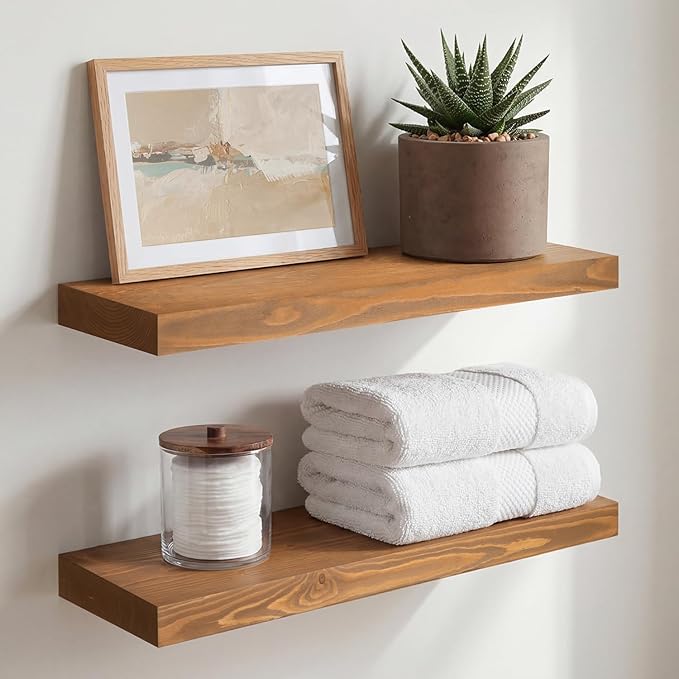 Homeforia 18 inch Golden Oak Floating Shelf, High End Solid Real Wood 18inch Small Floating Shelves for Wall Mounted, Oak Wooden 18in Floating Shelves, Heavy Duty Bracket, 18 X 6.5 X 1.75 in, Set of 4