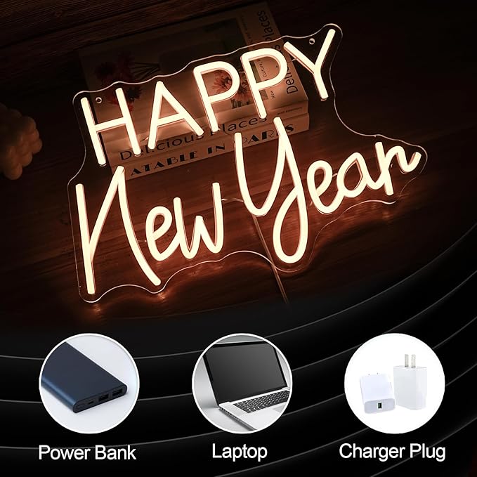 Happy New Year Neon Sign Warm White Happy New Year Neon Light Powered by USB for Wall Decor LED New Year Neon Light Sign for Living Room New Year Christmas Party Business Decor