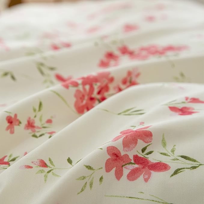 Boho Floral Duvet Cover King Soft Cotton Pink Floral Bedding Set King Chic Garden Style Cute Flower Pattern Duvet Cover Vintage Floral Botanical Comforter Cover 1 King Duvet Cover with 2 Pillowcases