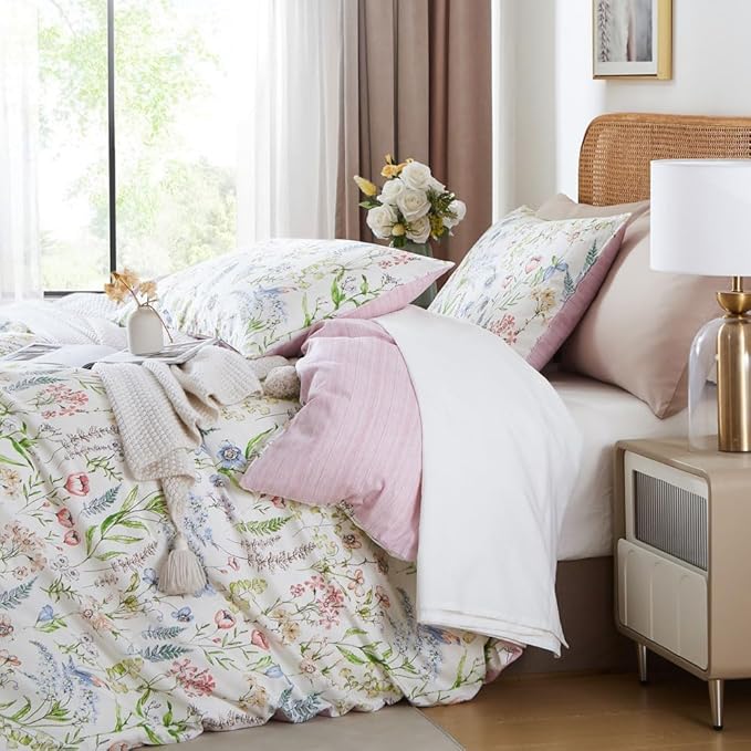 EAVD Vintage Style Botanical Floral Duvet Cover King Soft Cotton Chic Cute Bird Floral Print Bedding Set with 2 Pillowcases Vibrant Garden Botanical Comforter Cover with Zipper Closure