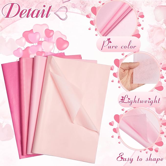 Qilery 500 Sheets Pink Tissue Paper Bulk for Gift Bags 20 x 30 Inch Acid Free Wrapping Paper Sheets for Christmas Decoration DIY Crafts, Packing Supplies for Moving, Wedding Party, DIY Flowers
