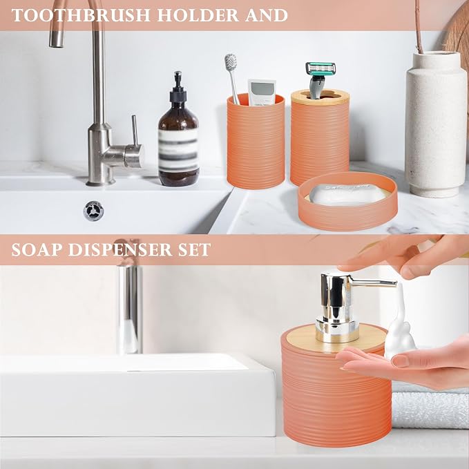4 Pieces Bamboo Bathroom Accessories Set, Bathroom Accessory Set with Soap Dispenser and Toothbrush Holder, Soap Dish and Toothbrush Cup, Boho Bathroom Decor(Orange)