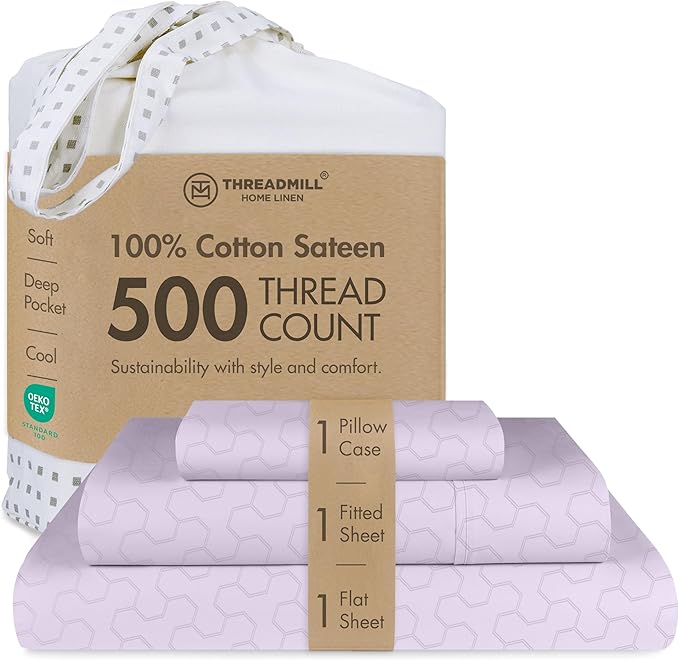 Threadmill Cotton Twin XL Sheet Set | 500TC Cotton Sheets for Twin XL Size Bed | Damask Jacquard Sateen Twin XL Bed Sheets Set with 15” Deep Pocket | Soft Breathable 3-Piece Cooling Sheet Set | Lilac