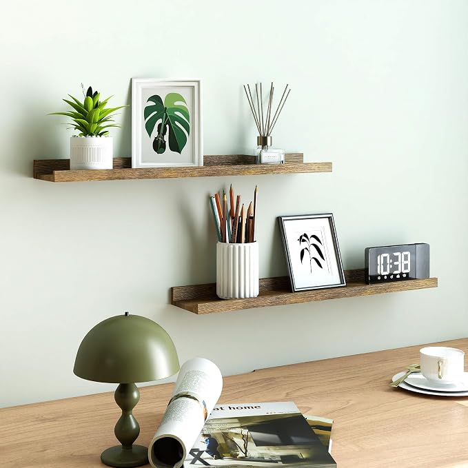 Floating Shelves for Wall Decor, Long Wall Mounted Storage Shelf for Bedroom, Living Room, Bathroom, Kitchen, Nursery, Rustic Display Picture Ledge Shelf with Lip Set of 2-24 Inches, Brown