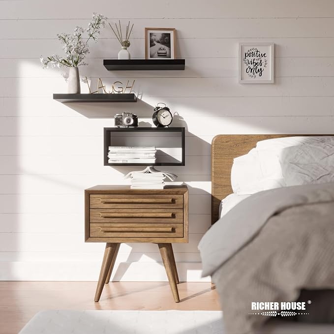RICHER HOUSE Black Floating Shelves Set of 3, Modern Bathroom Shelves Wall Mounted Shelves for Wall Decor, Over Toilet Black Wall Shelves for Bathroom Bedroom, Living Room, Kitchen