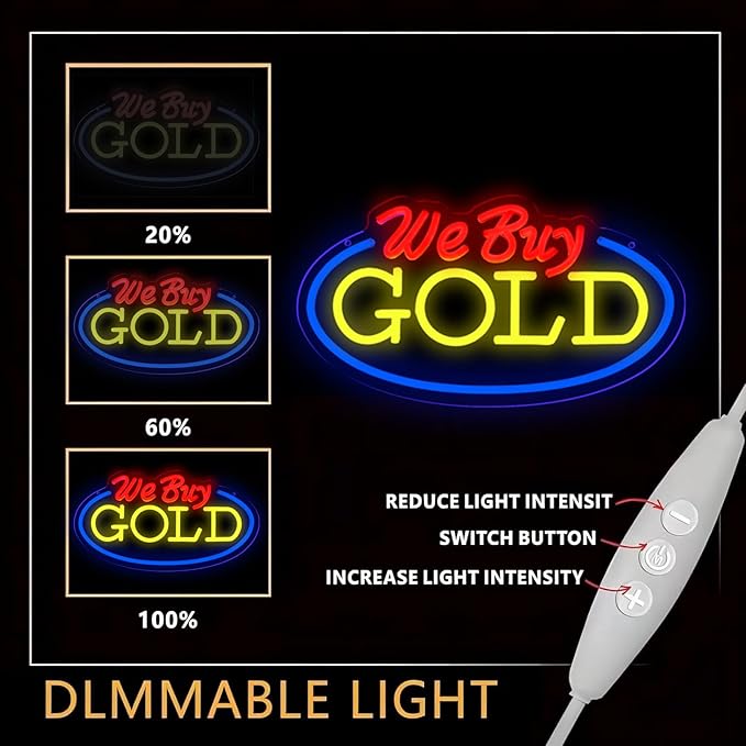 We Buy Gold Neon Sign for Wall Decor, Dimmable Gold Jewelry Shop Store Light up Display LED Light, Red and Yellow Neon Lights for Accessory Store