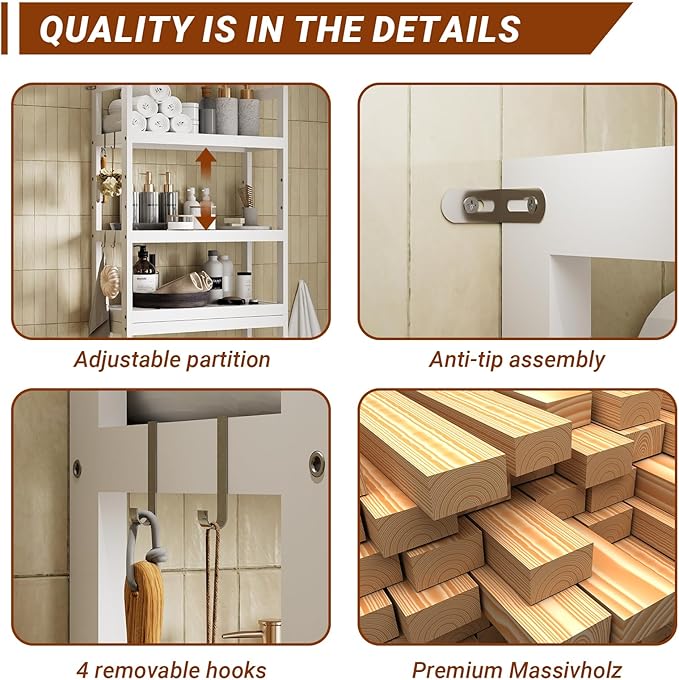 Over the Toilet Storage Cabinet, 3 Tier Over Toilet Bathroom Organizer with Adjustable Shelves and Hooks, Freestanding Wood Bathroom Shelves Over Toilet for Space Saver (White)