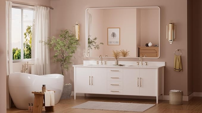 TETOTE White Framed Mirror for Bathroom 60 x 36 Metal Frame Wall Mounted Rectangle Mirror for Vanity with Sandy Textured Surface(Horizontal/Vertical)