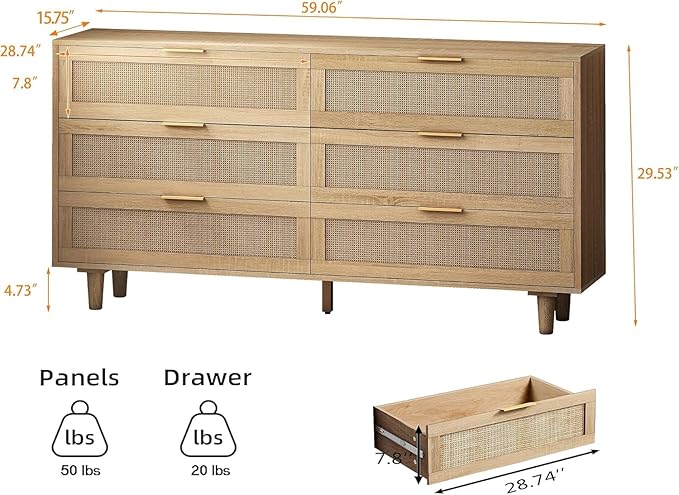 Fsbecl Rattan 6 Dresser for Bedroom, Chest of Drawers, 59'' Wide Modern Wooden Dresser Chest with Golden Handles, Storage Cabinet for Closet, Living Room, Entryway, Natural