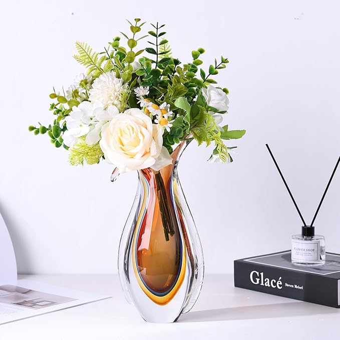 Amber Hand Blown Glass Vase – Oval Decorative Art Glass for Centerpieces, Murano Inspired Decor for Dining Room, Entryway Table, or Shelf, Handmade Glass Vase for Home Display (Red Yellow)