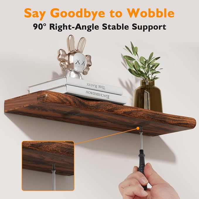 Solid Wood Live Edge Floating Shelves Set of 2 – 24" Rustic Wall Shelf with Hidden Bracket System, Wall Mounted Shelves for Bathroom, Kitchen, Living Room, Bedroom (Glazed Walnut)