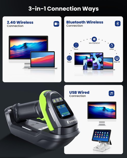 Eyoyo Wireless Barcode Scanner - Pro 1D 2D QR Bluetooth Reader with 1.44" LCD & 2900mAh Battery | Wall-Mount Cradle