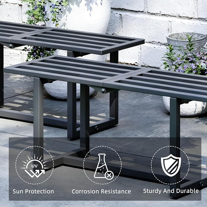 Plant Stand Indoor Outdoor, Foldable Metal Plant Shelf for Multiple Pots, Mid Century Slatted Bench for Patio Garden, Heavy Duty Capacity 330 lbs 2 Pack Grey