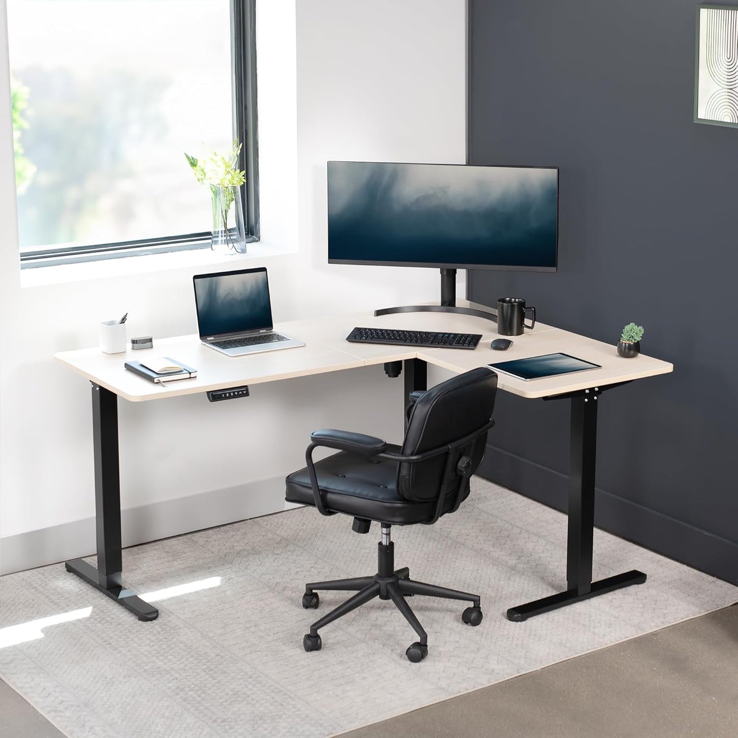 VIVO L-Shaped Corner Standing Desk - 63 x 47 Inch Electric Height Adjustable Workstation | Light Wood & Black Frame
