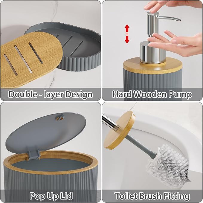 Gray Bathroom Accessories Set, 25 Pcs Bathroom Decor Set with Shower Curtain, Rugs, Trash Can, Soap Dispenser, Toothbrush Holder, Tumbler, Soap Dish, Storage Jars and Hooks for Guest Bath