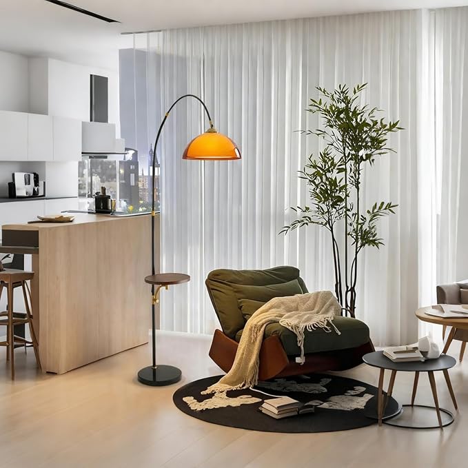 MIXL-Black Arch Floor Lamp with Wood Table,2-Tier Shade Over Couch Curved Floor Lamp,Unique Ambient Lighting,Mid Century Modern Standing Light for Office Nursery