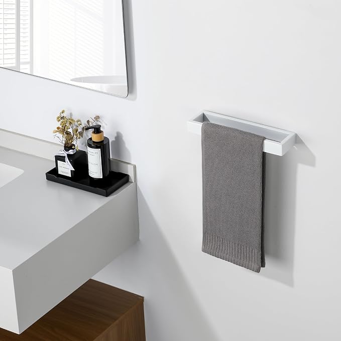 Sayayo White Towel Bar for Bathroom, 10 Inch Hand Towel Holder Wall Mount Square Towel Ring SUS304 Stainless Steel Towel Rack