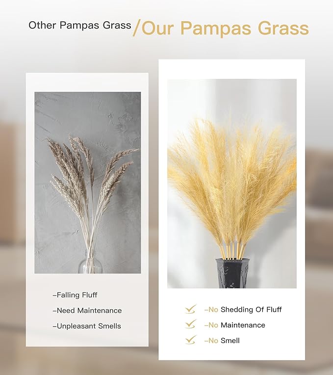 9 Pcs 45" Tall Pampas Grass Gold Decor, Long Stem Artificial Flower Floor Vase Large Faux Floral Pompas Fake Plants Dried Bouquet Arrangement Vase Filler for Boho Home Wedding Decoration