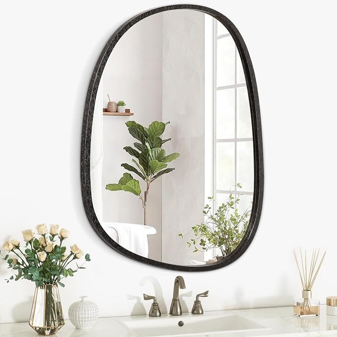Asymmetrical Hanging Wood Mirror Irregular Oval Frame Mirror for Wall Modern Unique Decorative Mirror for Bathroom Vanity Living Room Bedroom Entryway Artistic Wall Mirror