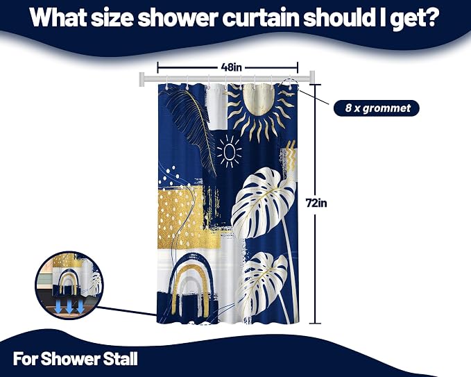 Small Stall Narrow Shower Curtain Blue and White Stand Up Abstract Navy Blue and Gold Boho Shower Curtains for Rv Camper Bathroom Decor Sets, Waterproof Cloth Fabric with Hooks, 48 x 72 Inch