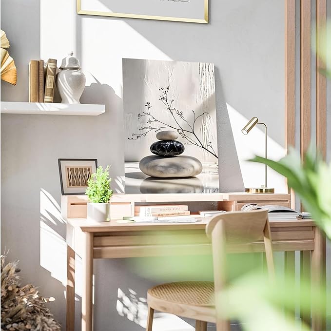 Gray and black stone pile and dried flowers poster canvas wall art in harmony Minimalist wall art for tranquil homes and mindful spaces 8x12in Wood Framed