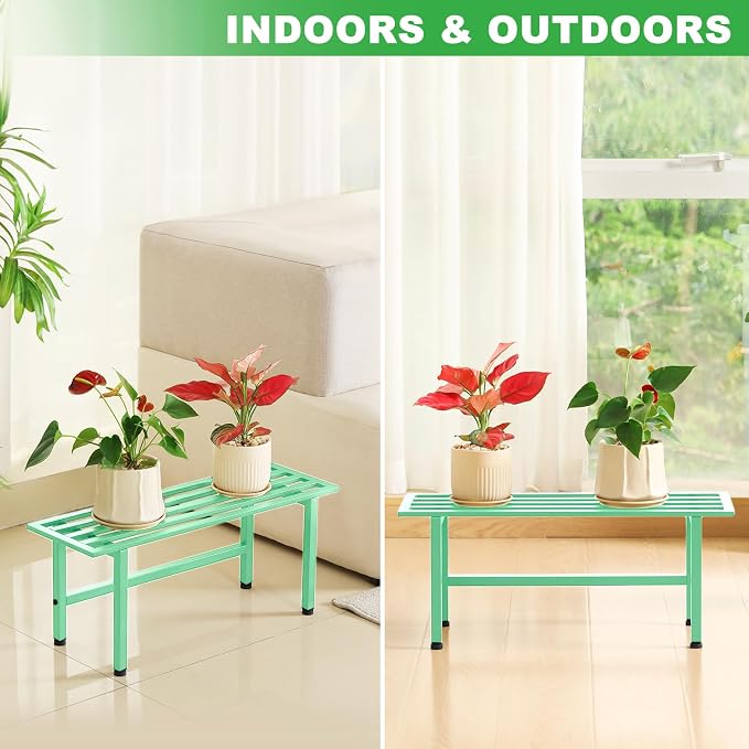 Dipion 2 Pack Metal Plant Stand Outdoor Plant Shelf Indoor,1 Tier Heavy Duty Plant Stands for Multiple Plants,26" L x 10.12" H x 8.75" W,Mint Green