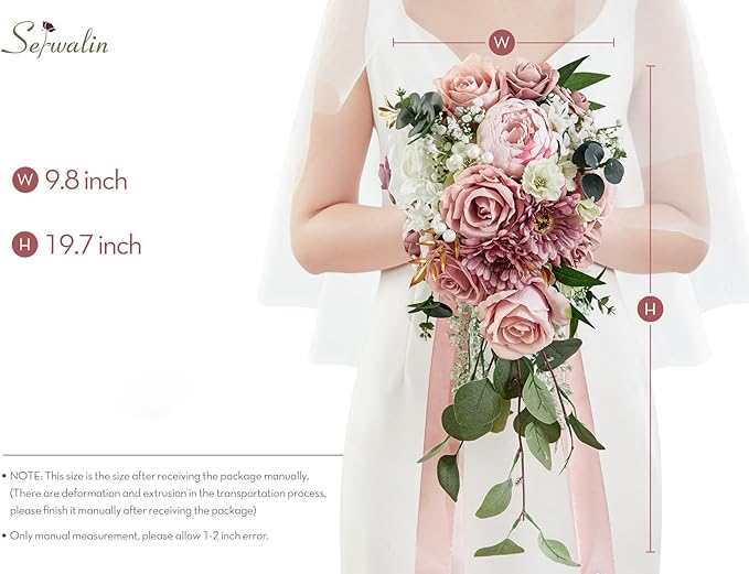 Serwalin 9.8 Inch Wedding Bouquets for Bride Bridesmaid, Dusty Pink Peonies Bridal Bouquets for Bride, Wedding Flowers Bouquet Tossing Bouquet, Wedding Ceremony and Anniversary Day Decor