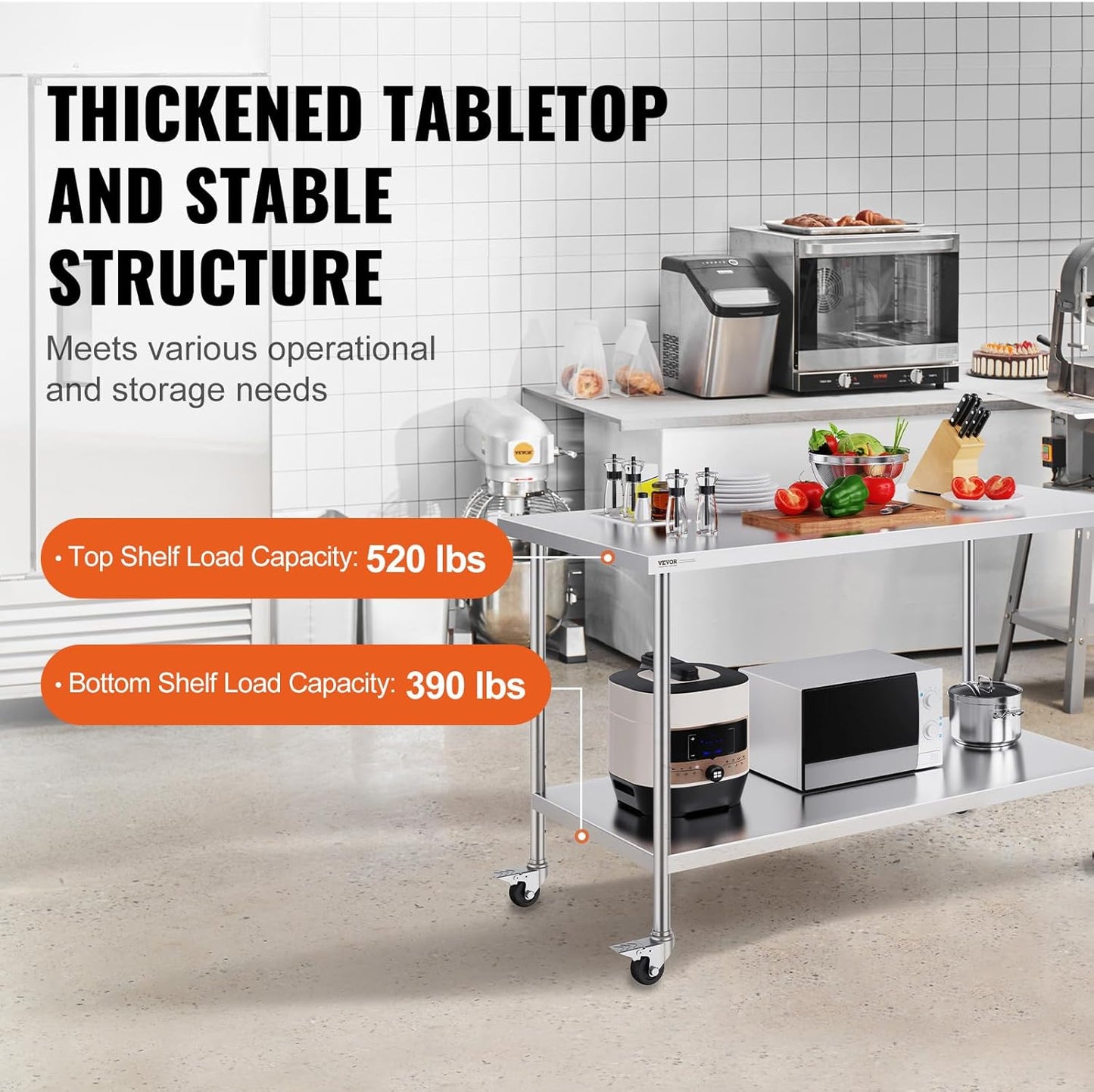 VEVOR Stainless Steel Work Table - Heavy-Duty Food Prep Table with 4 Wheels | 30 x 60 x 38 Inch, Adjustable Height