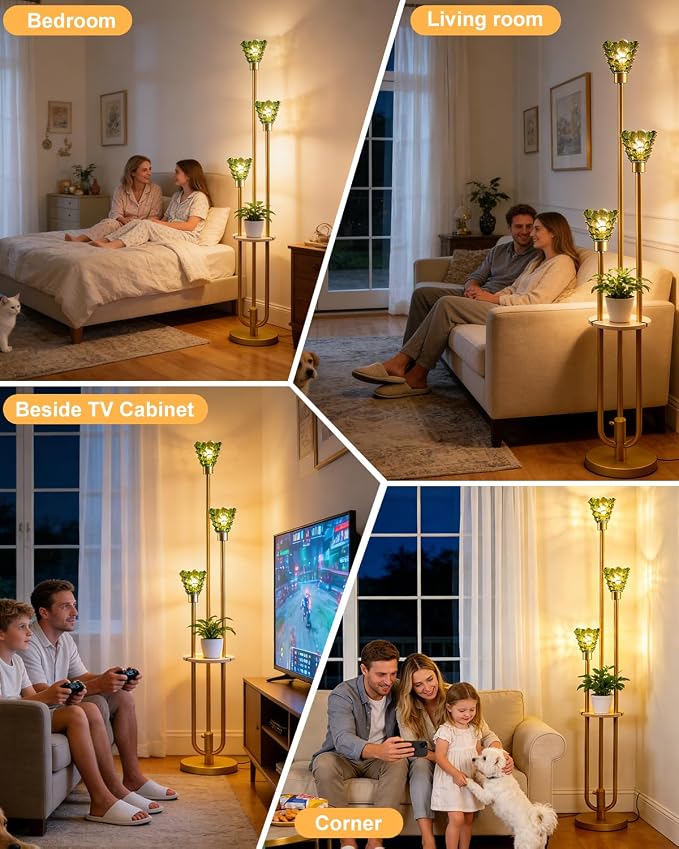Lightdot Green Glass Floor Lamp with Shelf, 63IN Mid Century Modern Gold Standing Lamps with 3 3000K Soft Warm White Bulbs Included, Floor Lamp with 5Lbs Heavy Base for Living Room/Wedding/Office