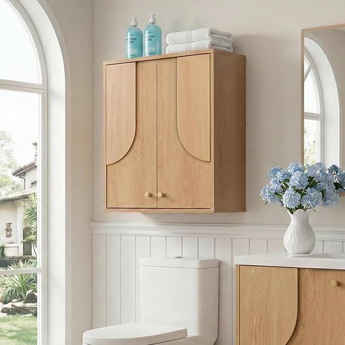 VANIRROR Arched Wood Medicine Cabinet with Soft Close - Premium 25 Lbs Japandi Wall Cabinet - French Cleat Over The Toilet Organizer for Bathroom, Coffee Bar & Entryway