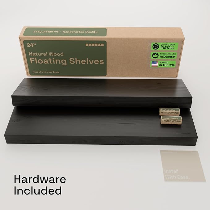 BAOBAB WORKSHOP Wood Floating Shelves for Bathroom Wall - Black Shelf 24 inch - Solid Wood Shelves for Wall for Bedroom Kitchen Living Room - Black Floating Shelves - 24 x 6.7 Inch, Set of 2