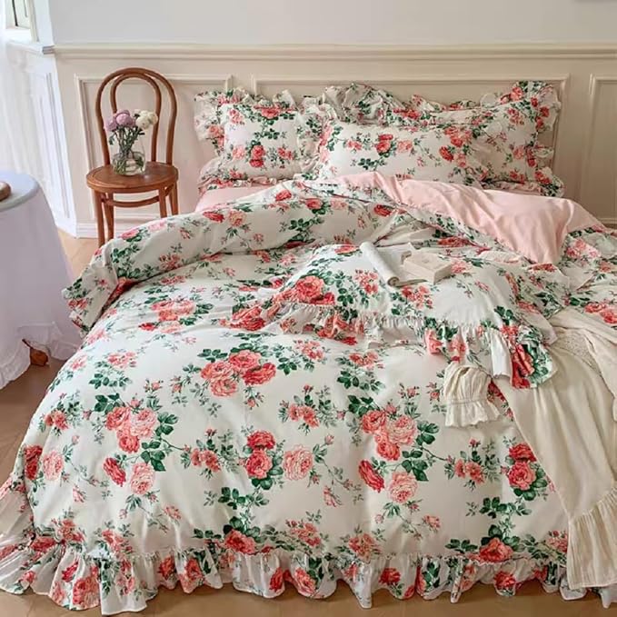 Girls Flower Comforter Set Twin XL Boho Style Pink Floral Comforter with Romantic Ruffle Aesthetic Rose Flower Cottagecore Bedding Set Fluffy Soft Vintage Botanical Comforter Set with 2 Pillowcases
