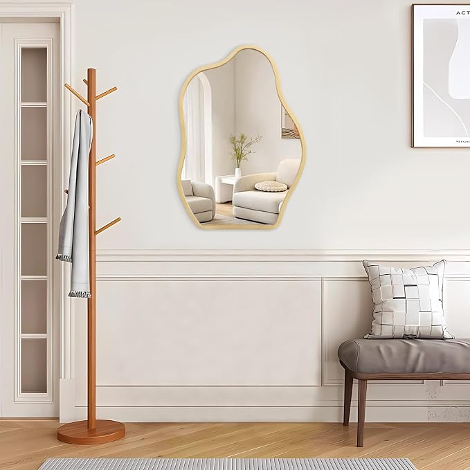 Gold Irregular Mirror for Wall Decor - Modern Asymmetrical Wooden Framed Wavy Mirror - Decorative for Living Room, Bedroom, Bathroom, Entryway - Gray