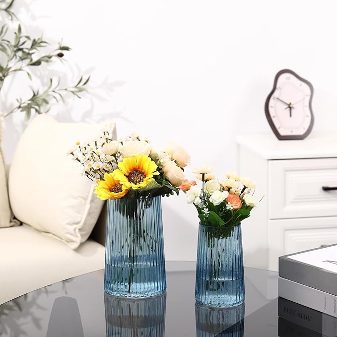 Ribbed Flower Vases Set of 2, Blue Vases for Flowers, Flower Vase for Bouquet, Modern Ribbed Glass Vase for Living Room, Bedroom, Dining Table, Office, Wedding, Centerpieces