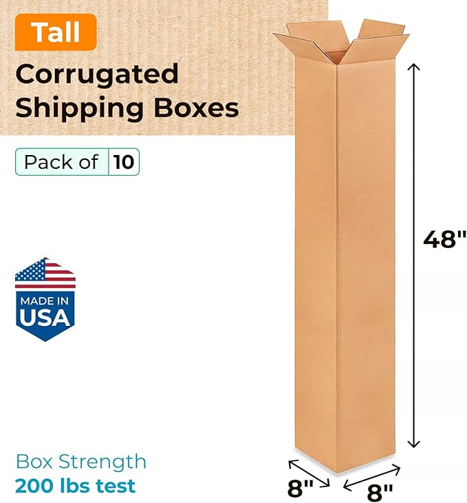 Tall Moving & Shipping Boxes 8x8x48 inches (10-Pack) - Extra Strength 200 lb vs Regular - Corrugated Moving Boxes for USPS/UPS/FEDEX - Packing Box - Moving Cardboard Box by IDL Packaging