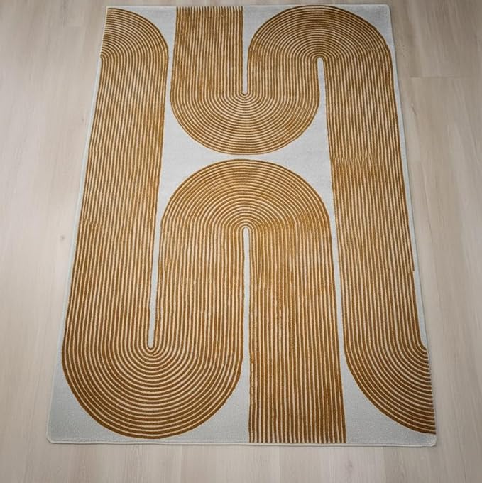 Modern Handmade Wool Area Rug, Abstract Curved Line Geometric Carpet for Living Room Bedroom, Contemporary Tufted Indoor Rug with Soft Pile and Cotton Backing (Gold, 10' x 14')
