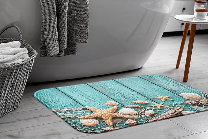 Britimes Bath Mat for Bathroom, Beach Seashells Starfish Sand Washable Cover Floor Rug Carpets Floor Mat Bathroom Decorations 18x30 Inches for Kitchen Bedroom Indoor