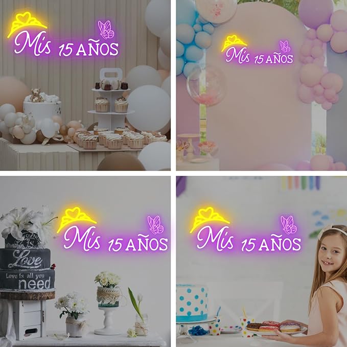 Mis 15 Anos Neon Sign, Sweet 15 Quince Party Sign with Dimmer Switch, Birthday Party Decor, Quinceanera Party Sign, Preppy Room Decor,Birthday Party Home Decorations, Mitzvah Gift-Purple