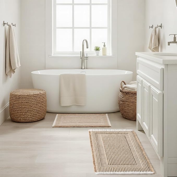 MIULEE Set of 2 Waffle Bathroom Rugs, Boho Bath Rug Super Absorbent, Non Slip Washable Ultra Soft Rubber Backed Beige Bath Mats for Floor, Tub, Shower, Looped Design, Brown & Cream, 17x24 Inch