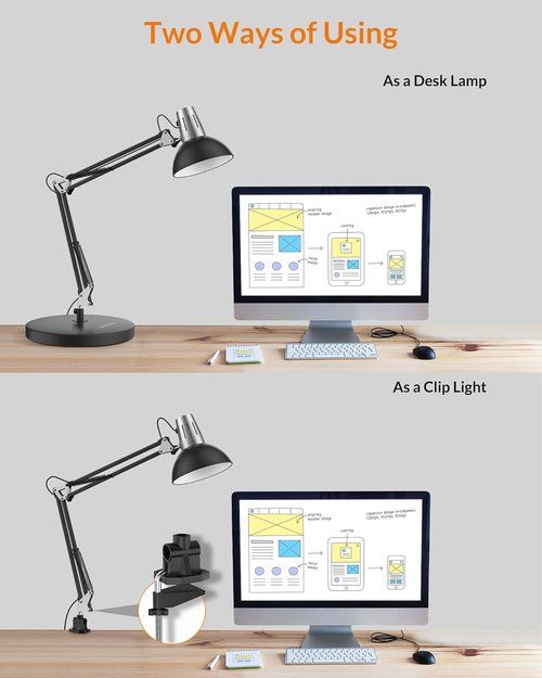 LEPOWER Adjustable Metal Desk Lamp - Eye-Caring Architect Lamp with Clamp for Home & Office (Black)