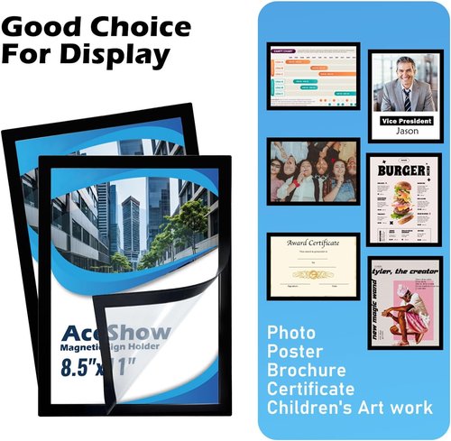 Magnetic Sign Holder | 8.5x11" Wall-Mounted Self-Adhesive Frame - Transparent with Black Edge, 6 Pack