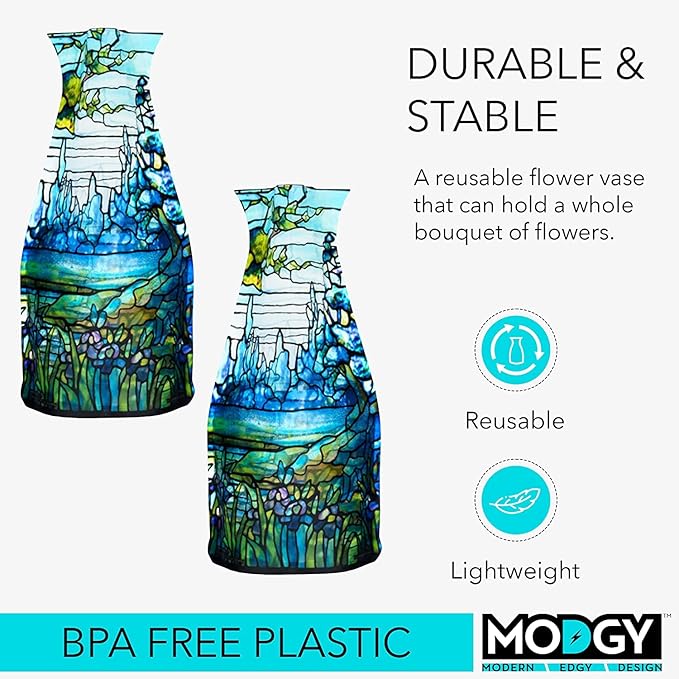 MODGY Expandable Flower Vase, Plastic Decorative Modern Foldable Printed Vases for Centerpieces for Wedding, Dining Table, Home Decor, Living Room, Bathroom, Iris Landscape, Louis C. Tiffany, 2 Pack