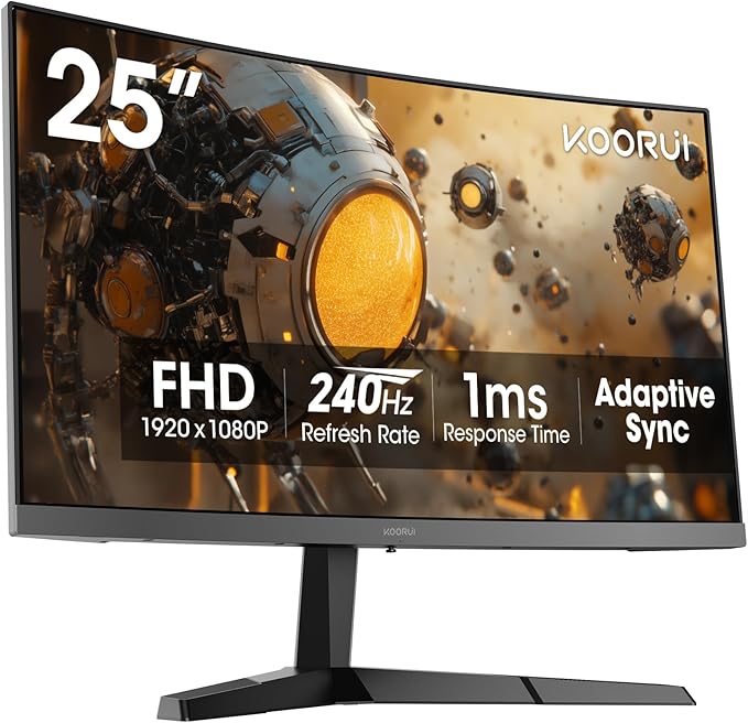 KOORUI 25 Inch Curved Gaming Monitor 240Hz FHD 1080P Computer Monitor, 1500R 1ms MPRT Display, Adaptive Sync, 90% DCI-P3,HDR, Eye Care, Tilt Adjustable, VESA 75x75mm, Black,G2511XC