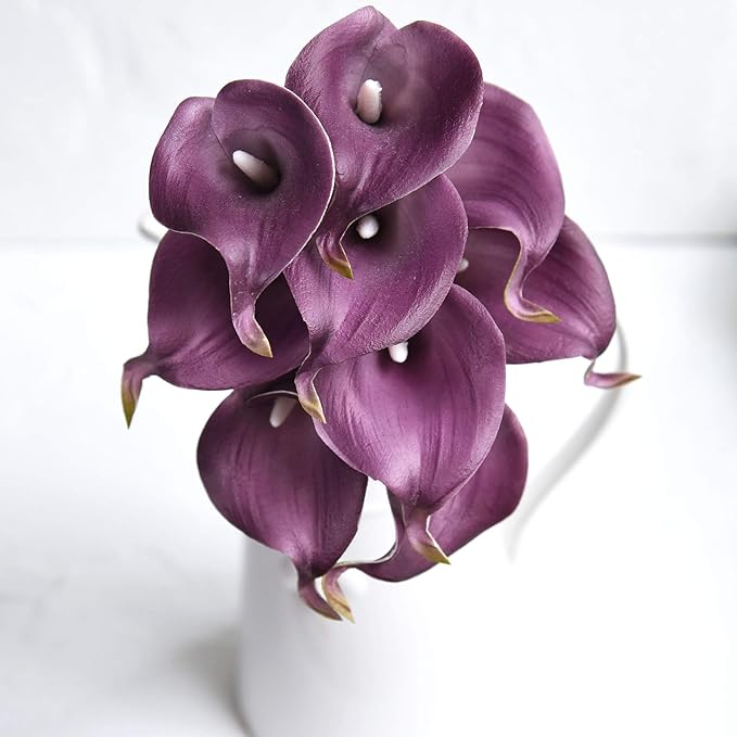 FiveSeasonStuff Real Touch Calla Lily Artificial Flowers Wedding Bridal Bouquet | Floral Arrangements | 15 Calla Lilies (Plum Purple)
