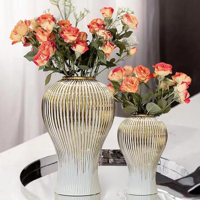 Ginger Jar, White Gold Ceramic Vase Large Handmade Porcelain Vases with Lid, White Gold Decorative Flower Vase for Home, Living Room, Weddings, Centerpieces (B-Large)