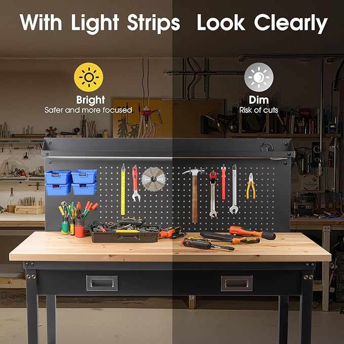 48" Adjustable Work Bench with Drawers, Workbench for Garage with Strip Light, Work Table with Large Pegboard, 2000 LBS Heavy Duty Table with Power Outlet Rubber Wood for Office, Workshop