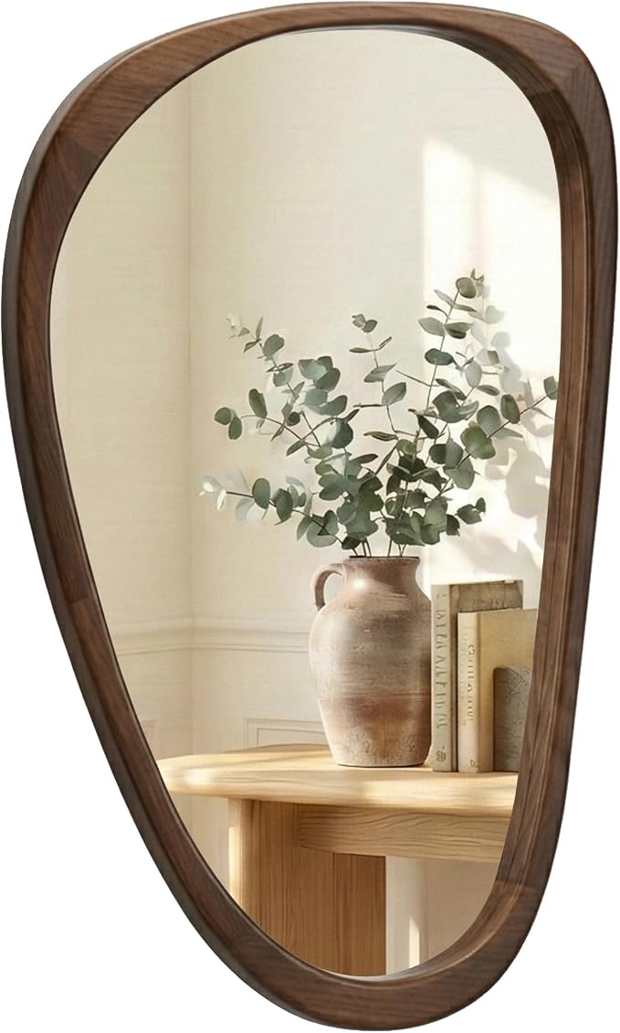 Solid Wood 30"x20" Irregular Asymmetrical Wall Mirror, Japandi Boho Mid-Century Modern Decorative Accent Mirror, Small Organic Shaped Wooden Wall-Mounted Mirror, Dark Walnut