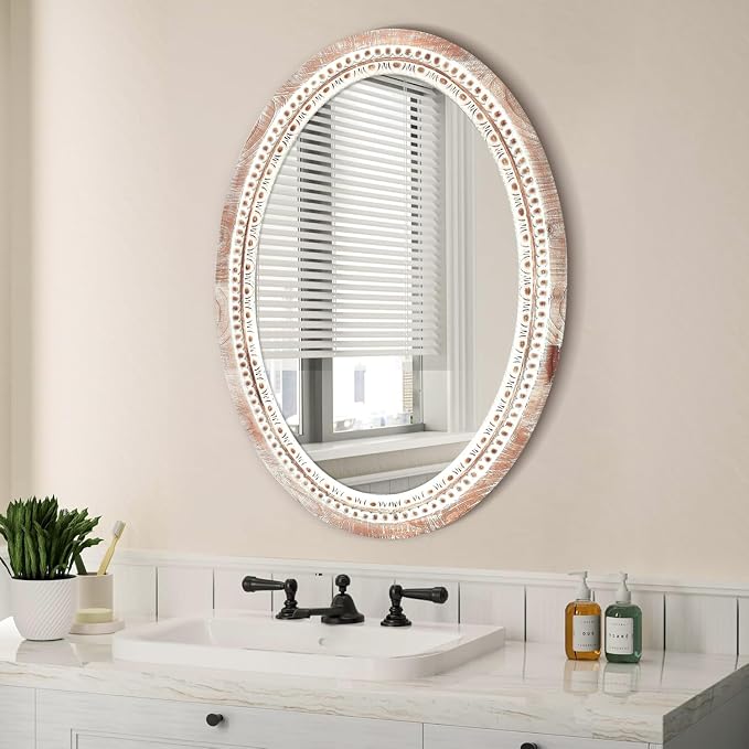 20'' Oval Wall Mounted Mirror, Wood Decorative Circle Mirrors, Boho Mirrors with Beaded Frame, Rustic Vanity Mirror, Distressed Mirror for Bathroom, Living Room, Bedroom, Entryway