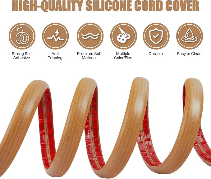 Floor Cord Cover Self Adhesive Cord Hider,10FT Cable Management, Extension Strip Protector for Wires, Prevent Cable Trips for Offices, Gyms, Exhibitions Cavity:0.39"(W) x 0.27"(H) Brown Wood