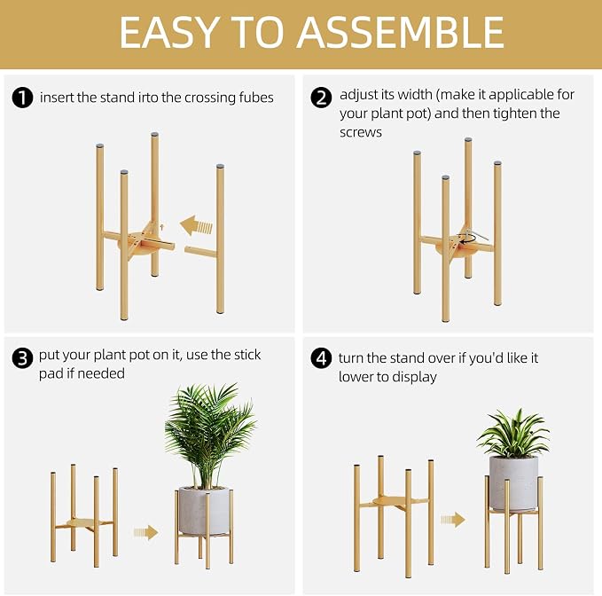 Adjustable Metal Plant Stand Indoor, Fits 8-14 Inch Pots, Mid Century Modern Gold Planter Holder,2 Heights, Heavy Duty 160 lb, Indoor Outdoor Corner Floor Pot Stand, Golden with Round Plate 2 Pack